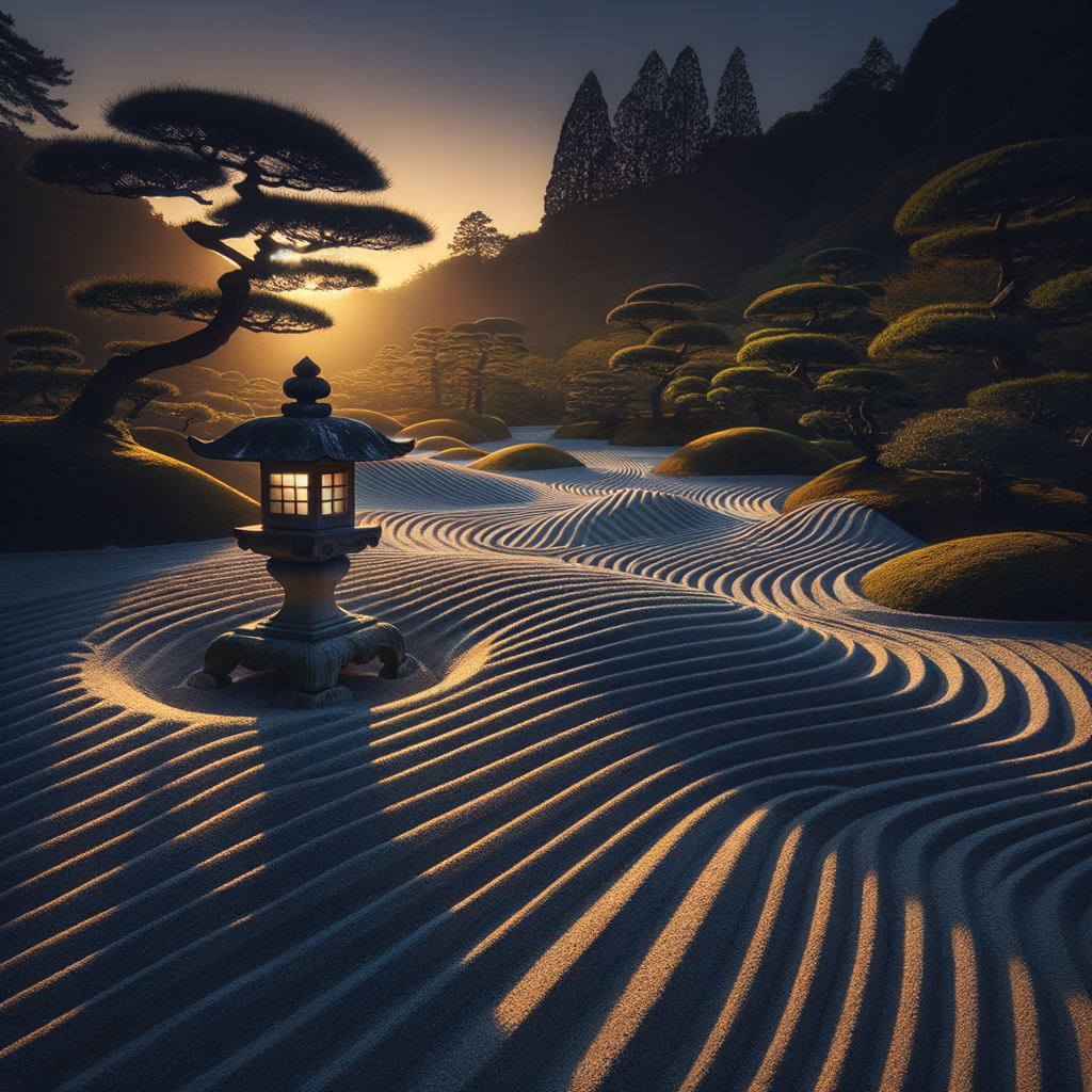 A minimalist depiction of a Zen garden, emphasizing tranquility and simplicity.