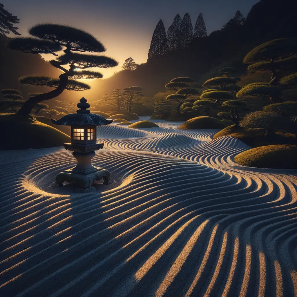 A minimalist depiction of a Zen garden, emphasizing tranquility and simplicity.