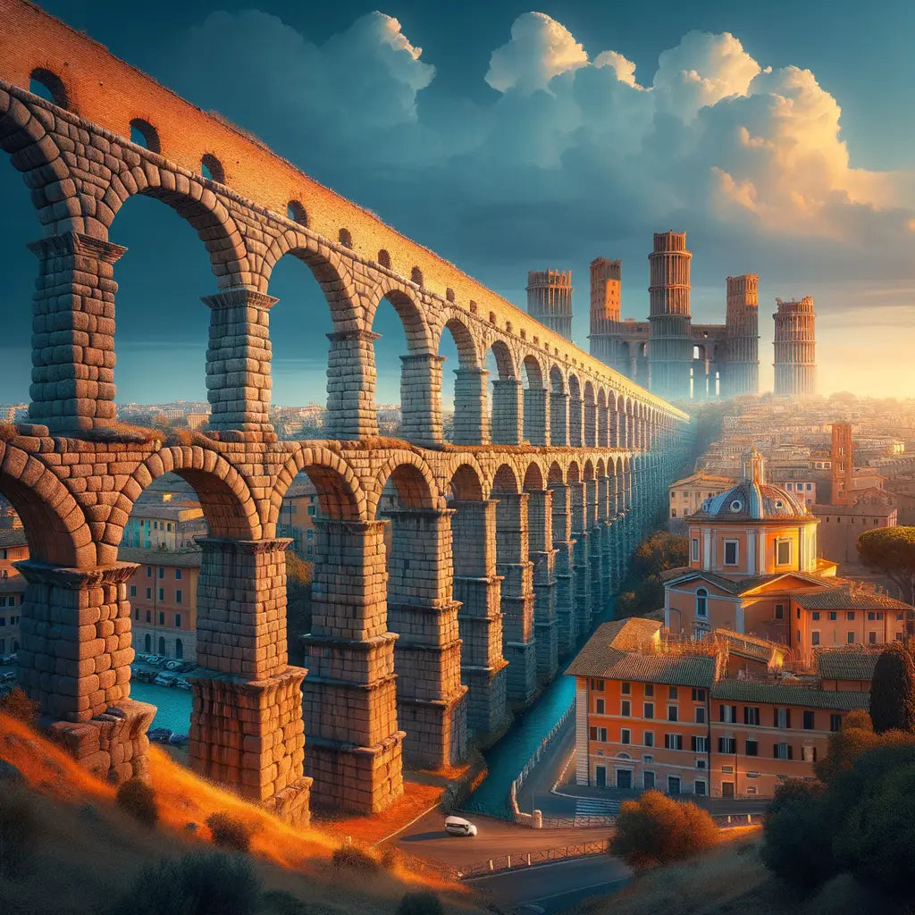 Ancient Roman aqueducts seamlessly integrated into the modern cityscape of Rome, as depicted in a cinematic painting style inspired by 1960s historical films.