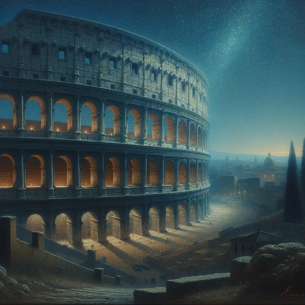A cinematic night view of the Colosseum illuminated under a starry sky, resembling a scene from a 1960s historical epic film.