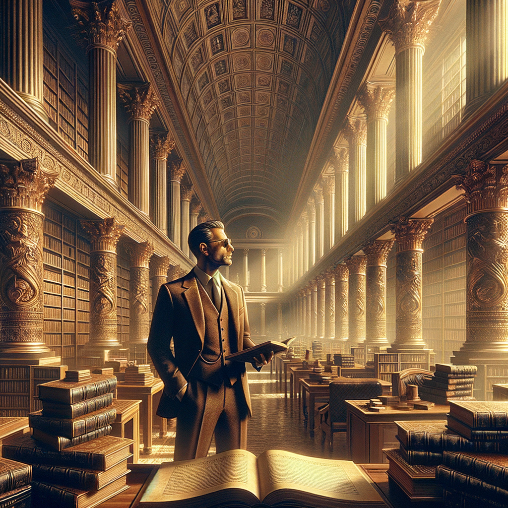 Jeff Bezos in a thoughtful pose in a Romanesque library, surrounded by books on philosophy, blending Stoic wisdom with modern business strategy.