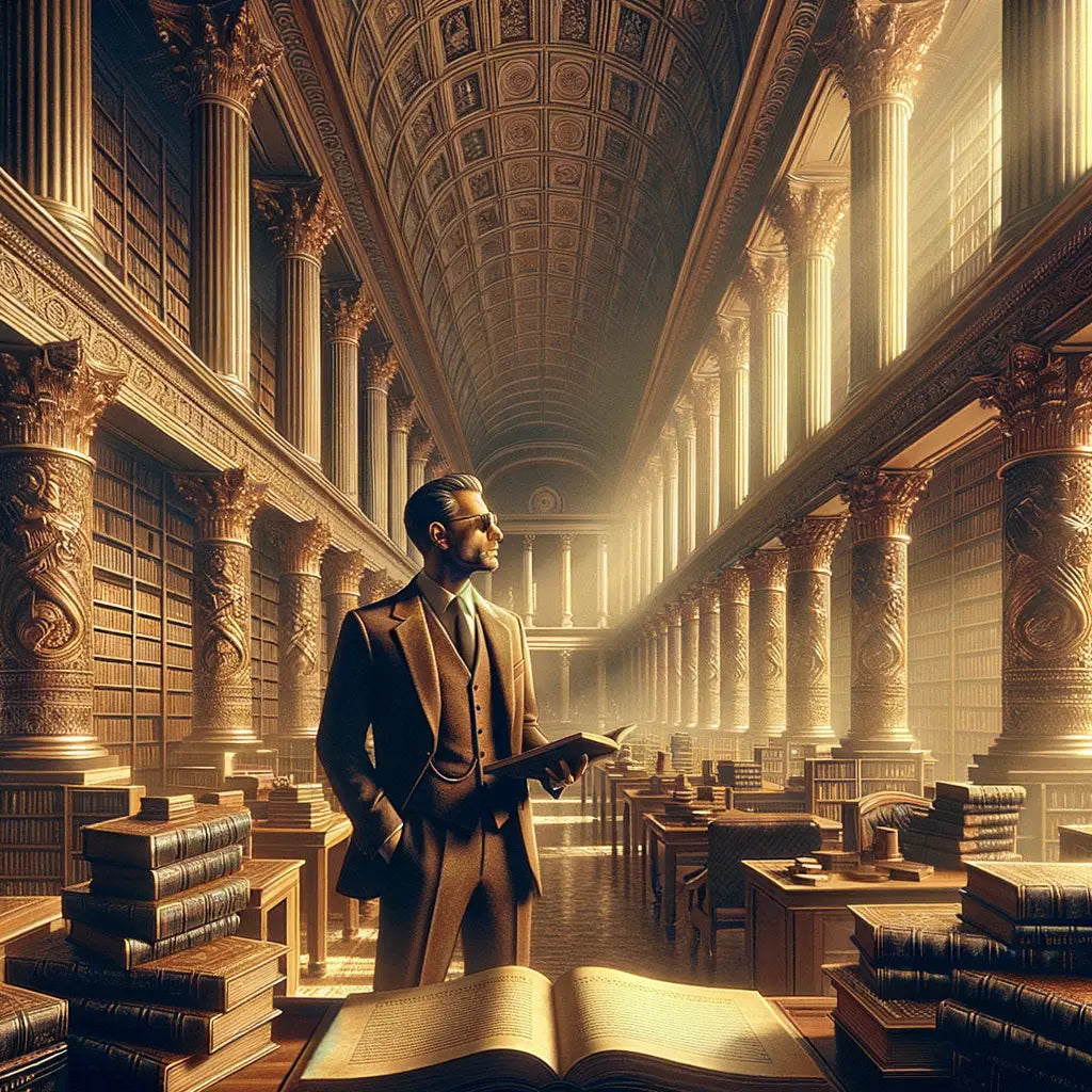 Jeff Bezos in a thoughtful pose in a Romanesque library, surrounded by books on philosophy, blending Stoic wisdom with modern business strategy.