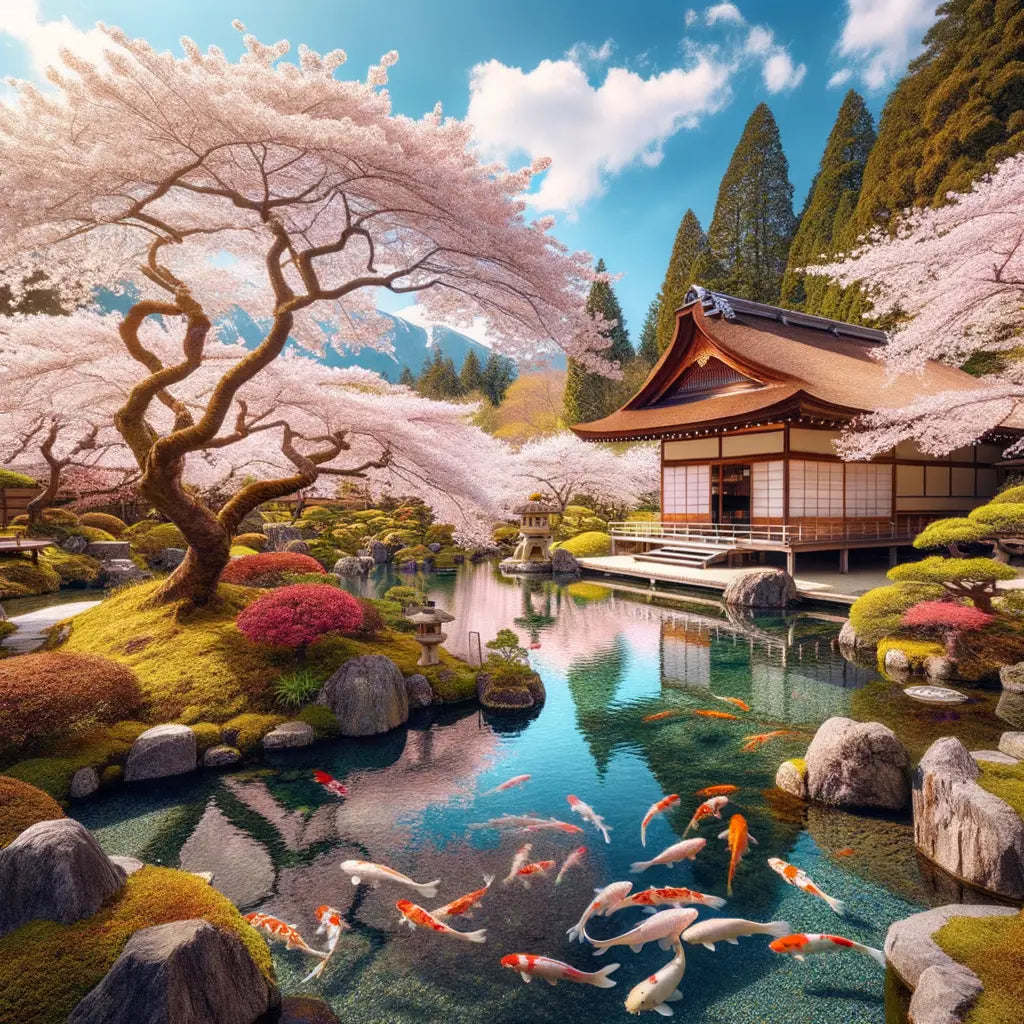 a serene scene featuring cherry blossoms in a Japanese garden