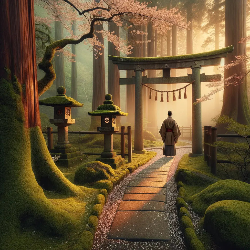 Ein ruhiges Shinto-Schrein bei Morgendämmerung, mit Moos bedecktem Torii-Tor, zarten Kirschblütenblättern und sanftem Morgenlicht — minimalistisch, gelassen, kulturell inspiriert.