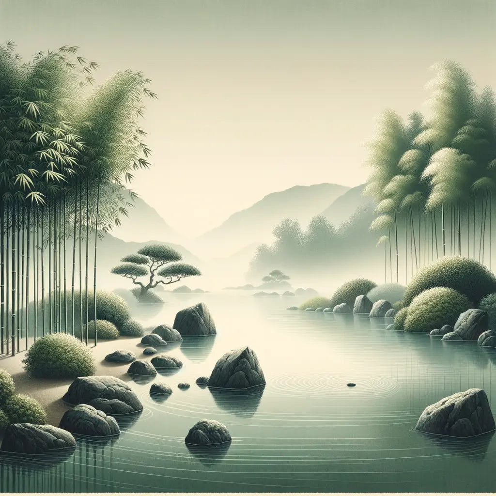 Ein ruhiger Bambushain neben einem stillen Koi-Teich im Stil traditioneller japanischer Kunst, in einer minimalistischen Komposition.
