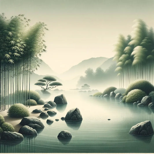 Ein ruhiger Bambushain neben einem stillen Koi-Teich im Stil traditioneller japanischer Kunst, in einer minimalistischen Komposition.