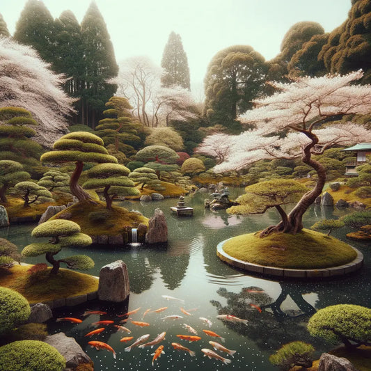 A peaceful Japanese tea garden with bonsai trees and cherry blossoms.