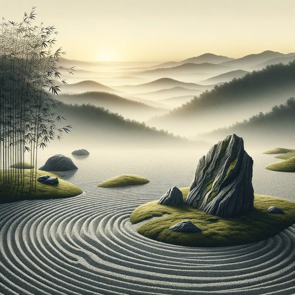 Ein traditioneller japanischer Zen-Garten bei Sonnenaufgang mit sorgfältig geharkten Kiesmustern um einen moosbedeckten Stein, von sanftem Morgengoldlicht beleuchtet — minimalistisch und beruhigend.