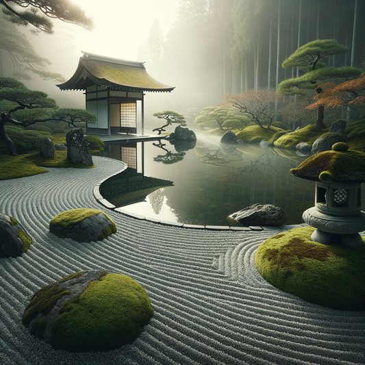 Ein ruhiger Zen-Garten mit einem Koi-Teich, einer Moos bedeckten Steinlaterne und einem Torii-Tor im Morgennebel – minimalistisch, meditativ und von traditioneller japanischer Kunst inspiriert.