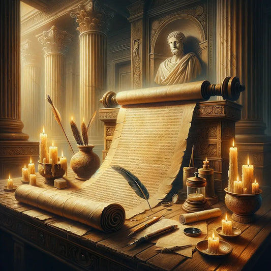 An ancient scroll with writings on a wooden table, surrounded by Roman writing tools, bathed in warm light reflecting Seneca's era.