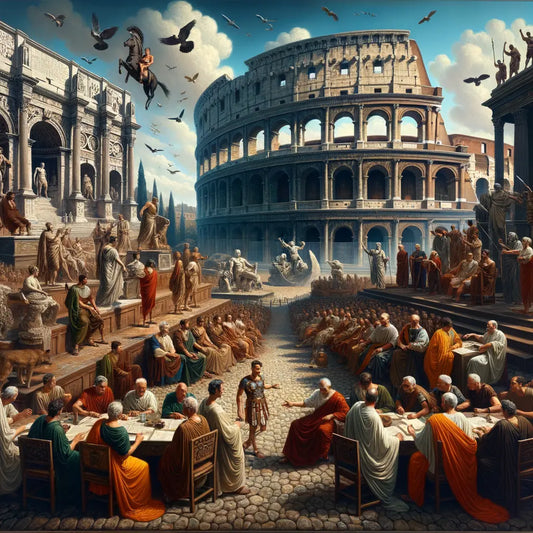 Ancient Rome with senators in togas, the Colosseum, and Romulus and Remus with a she-wolf, in a 1960s historical epic style.