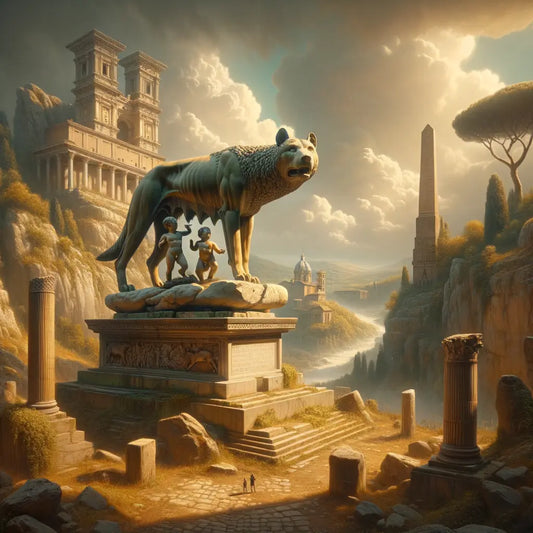 Statue of Romulus and Remus with the Capitoline Wolf against a mythic ancient landscape, evoking the founding legend of Rome, styled like 1960s historical films.