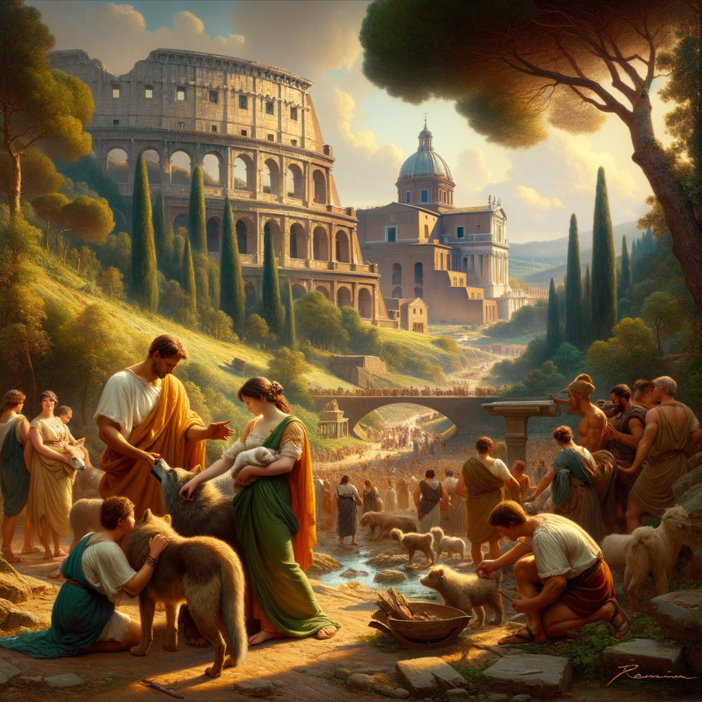 Romulus and Remus depicted with the she-wolf on Palatine Hill, surrounded by early Roman settlers, in a 1960s epic film style.