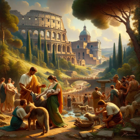 Romulus and Remus depicted with the she-wolf on Palatine Hill, surrounded by early Roman settlers, in a 1960s epic film style.