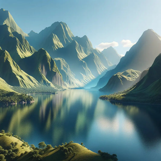 A peaceful lake with green mountains in the background and a bright blue sky.