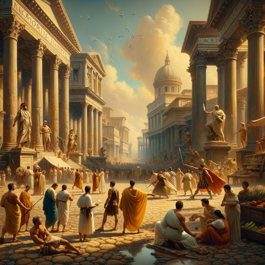 A bustling ancient Roman street scene with gladiators and scholars debating, inspired by 1960s historical epic film style.