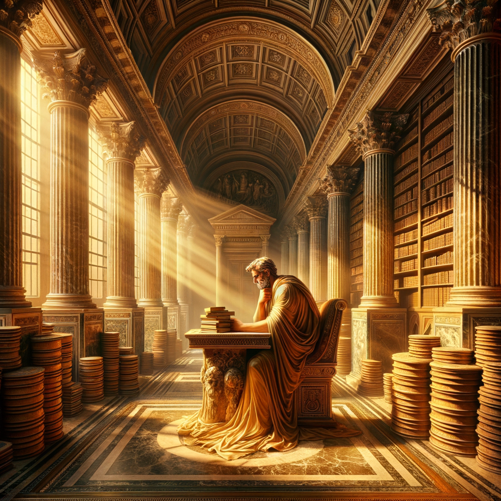 A classic painting-style depiction of Marcus Aurelius surrounded by scrolls in a Roman library, reflecting the timeless wisdom of his teachings from 'Meditations.'