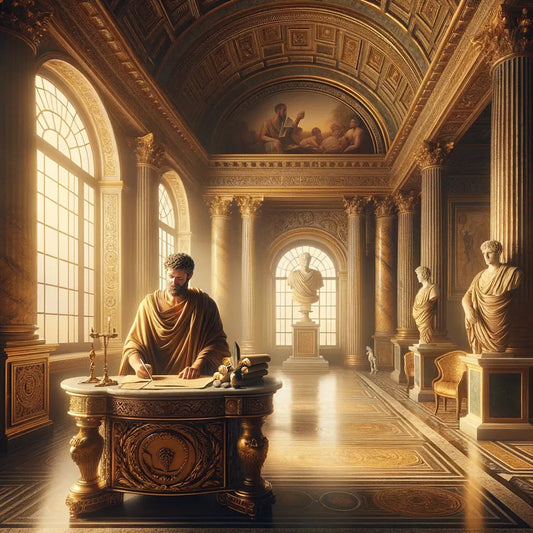 Marcus Aurelius with a quill at a marble desk, symbolizing his Meditations, in a Roman palace setting, inspired by classic 1960s historical films.