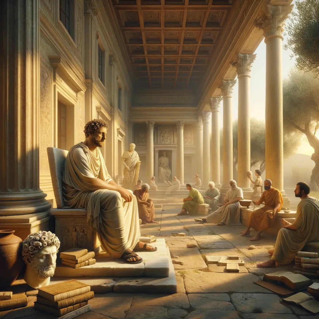 Marcus Aurelius in a Roman courtyard with scrolls, surrounded by philosophers, portrayed in a 1960s historical film style.