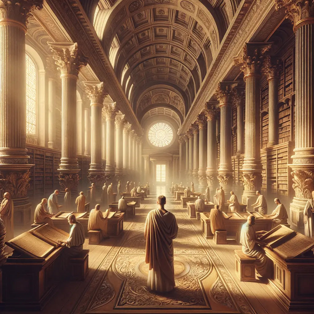 Ancient Roman library with scrolls, soft light filtering through, depicting the philosophical ambiance of Marcus Aurelius' era, styled as a classic historical film still.