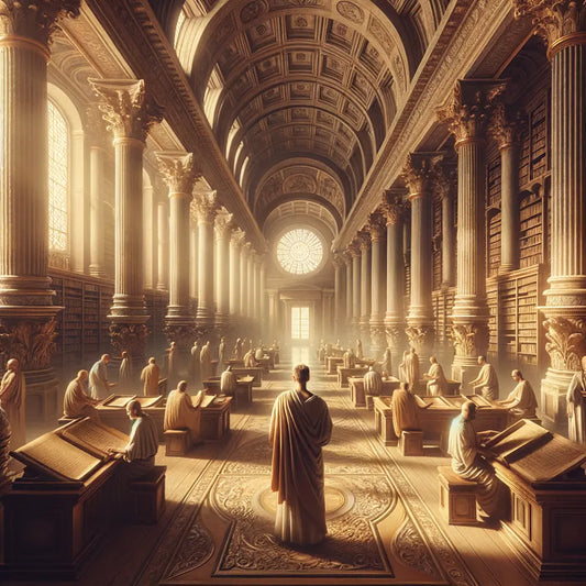 Ancient Roman library with scrolls, soft light filtering through, depicting the philosophical ambiance of Marcus Aurelius' era, styled as a classic historical film still.