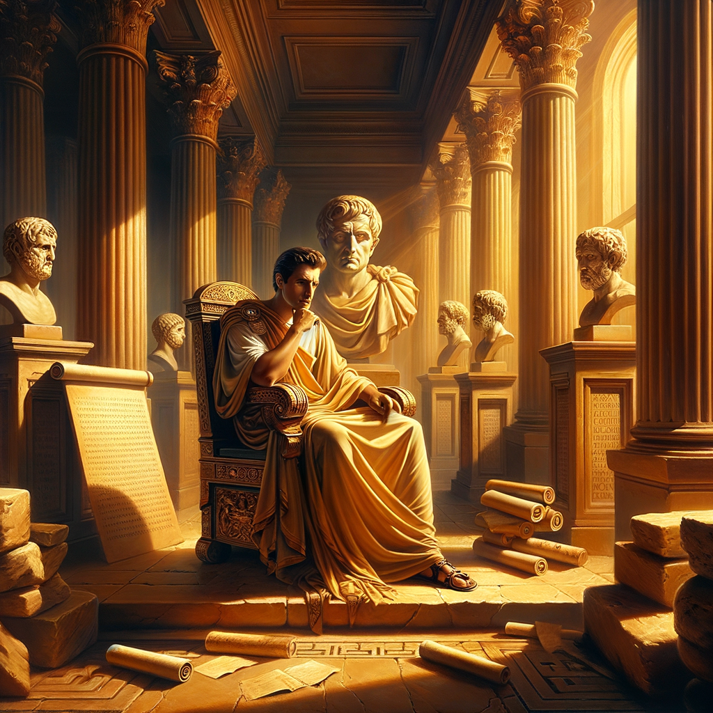 A Roman Emperor pondering amidst philosophical texts in a library, with sunlight casting dramatic shadows, reminiscent of 1960s historical epic films.