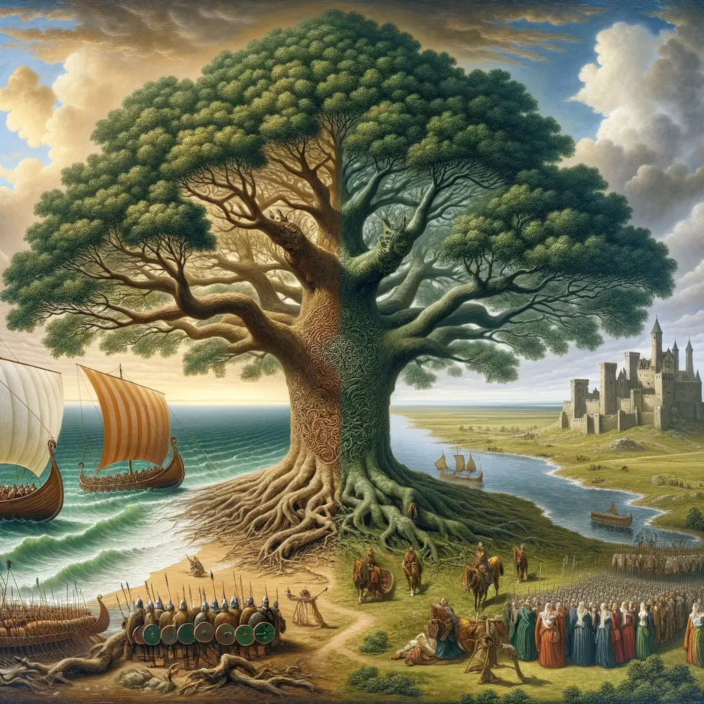 A majestic oak tree dividing into Norse and German branches, with Viking ships and German castles in the background, styled like a 1960s historical epic painting.