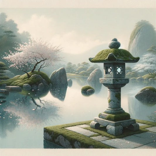 Japanische Zen-Garten-Szene mit moosbewachsenem Steinlaterne und Koiteich, minimalistisch und beruhigend.
