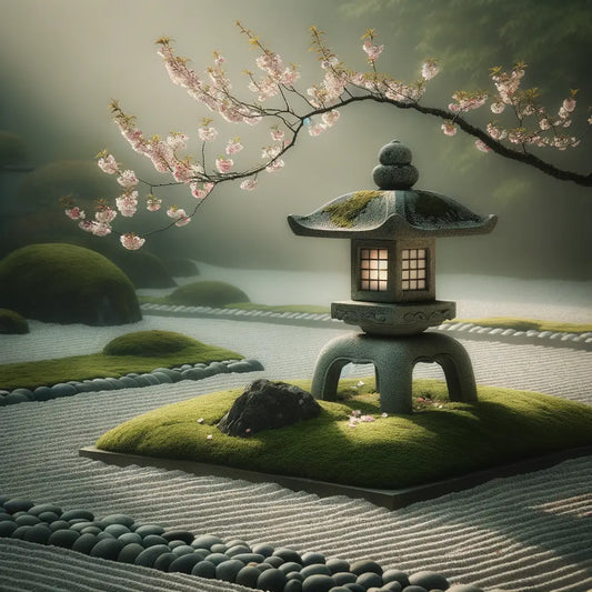 Ein minimaler, traditioneller japanischer Garten mit einer Steinlaterne, umgeben von Moos und Kirschblüten in sanftem Morgenlicht.