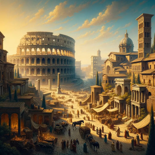 Ancient Rome with the Colosseum and Roman Forum, crowded streets with citizens in togas.