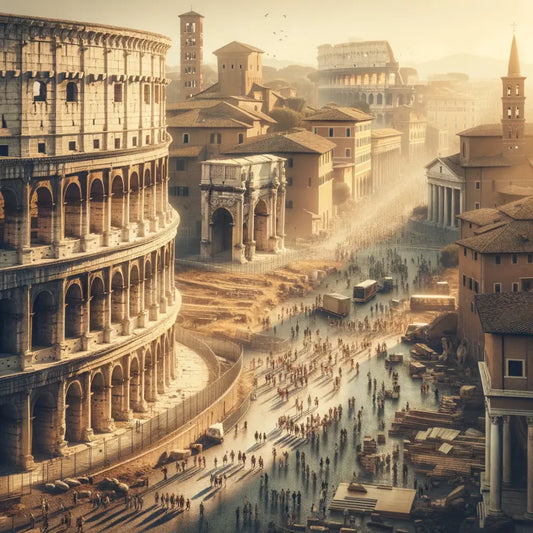 A blend of ancient Roman ruins and modern life in a cinematic painting, with shadows and stones telling historical tales.