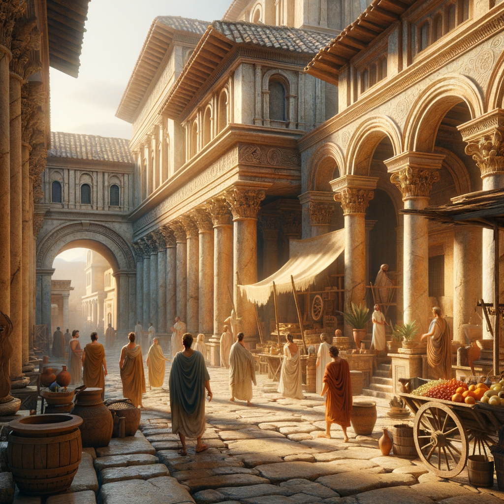 Bustling ancient Roman street with architecture and civilians, reminiscent of 1960s historical films.