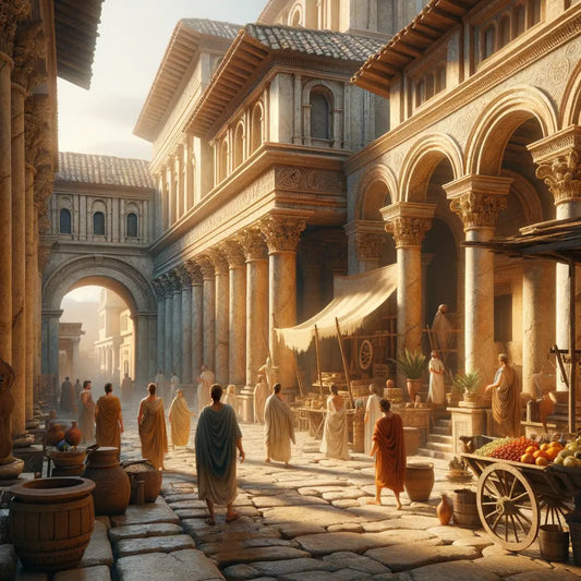 Bustling ancient Roman street with architecture and civilians, reminiscent of 1960s historical films.