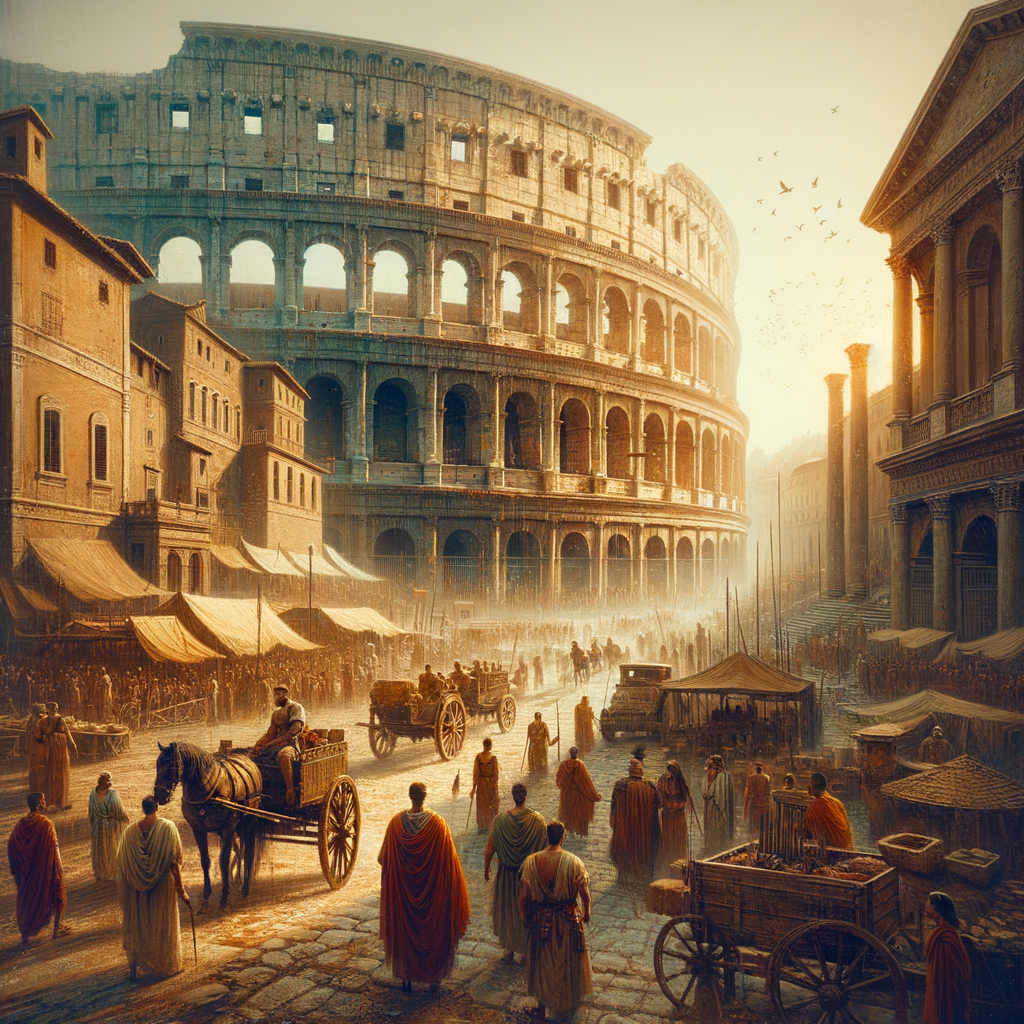 A cinematic painting of the Colosseum with bustling ancient Roman streets, featuring gladiators, citizens, and market activity in warm daylight.