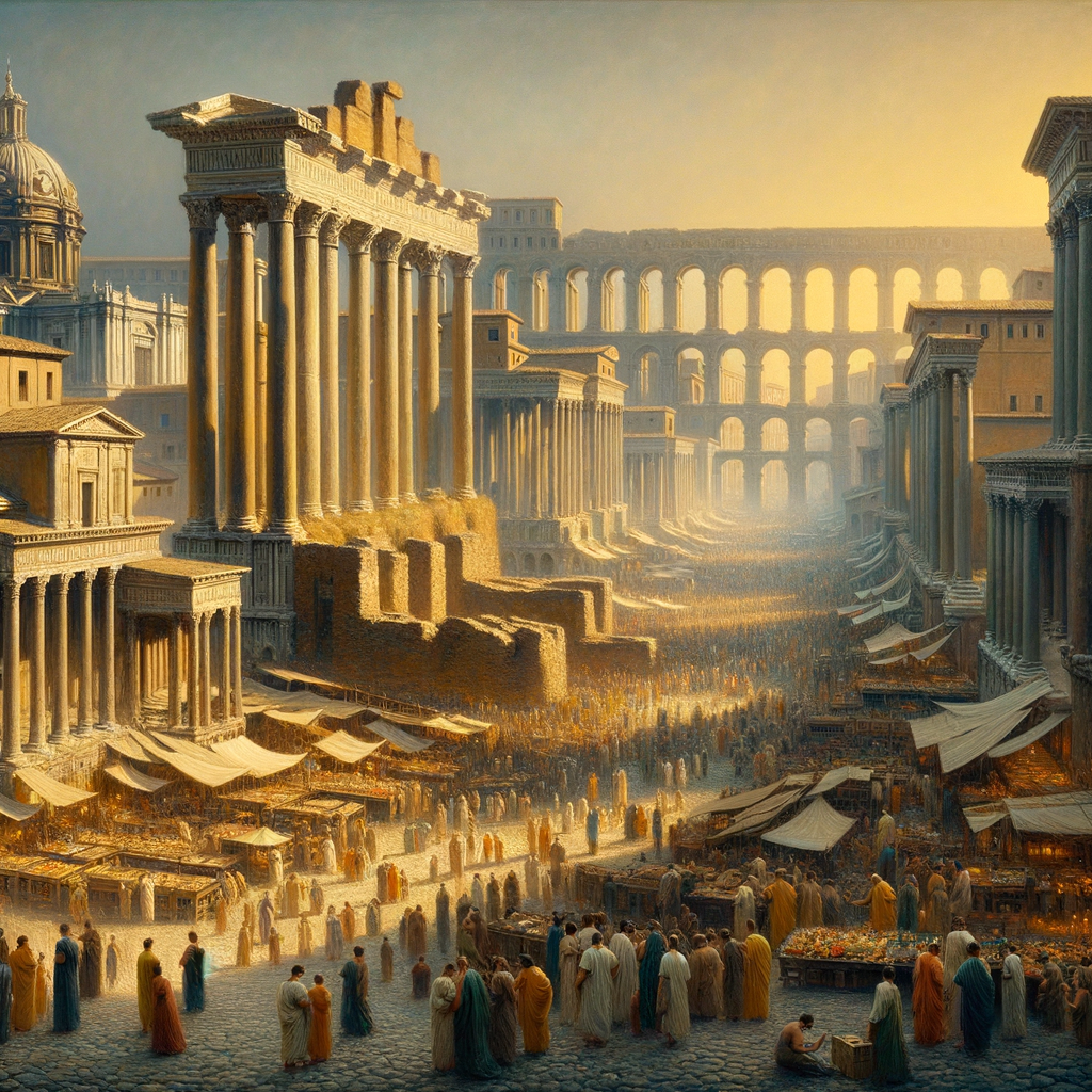 Bustling ancient Roman marketplace surrounded by majestic temples and arches, with aqueducts in the background, reminiscent of 1960s epic film style.