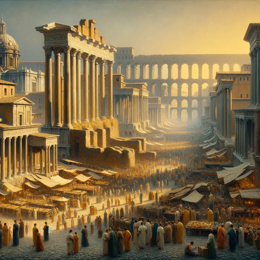 Bustling ancient Roman marketplace surrounded by majestic temples and arches, with aqueducts in the background, reminiscent of 1960s epic film style.