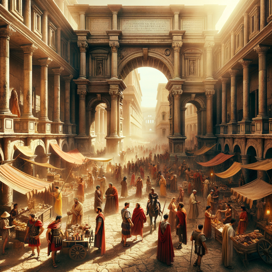 A bustling ancient Roman street scene with soldiers, merchants, and citizens, framed by iconic Roman architecture, in a style inspired by 1960s historical epic films.