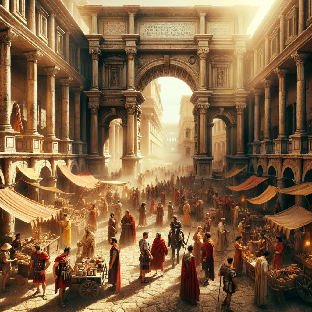 A bustling ancient Roman street scene with soldiers, merchants, and citizens, framed by iconic Roman architecture, in a style inspired by 1960s historical epic films.