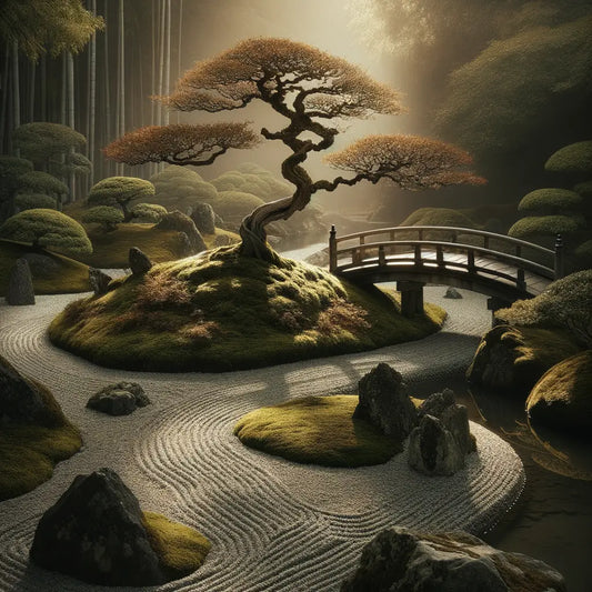 Ein ruhiger Zen-Garten mit einem Bonsai-Baum und einem kleinen Holzbrücke über einem schmalen Bach, minimalistisch und kulturell inspiriert.
