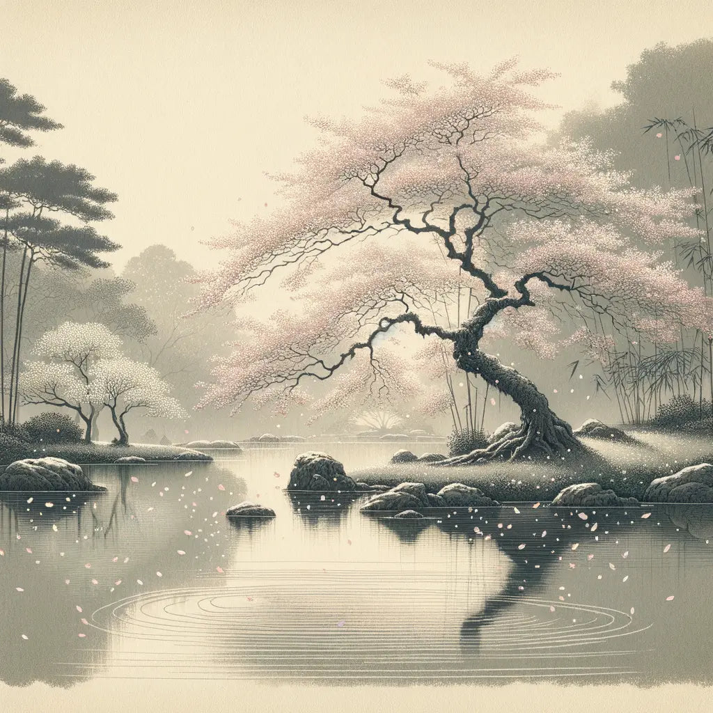 Ein ruhiger Park während der Kirschblütenzeit, mit einem blühenden Baum über einem stillen Teich, minimalistisch und kulturell inspiriert.
