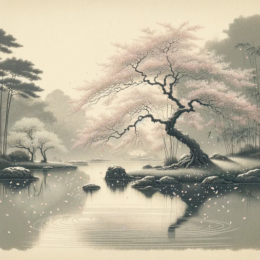 Ein ruhiger Park während der Kirschblütenzeit, mit einem blühenden Baum über einem stillen Teich, minimalistisch und kulturell inspiriert.