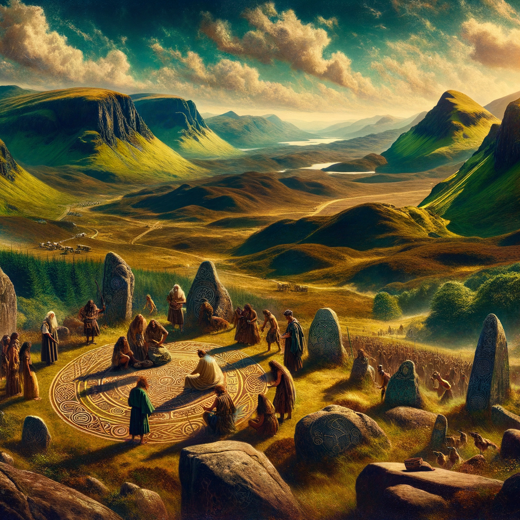 Scenic view of Scotland's highlands with integrated ancient Celtic patterns, reminiscent of classic historical film aesthetics.