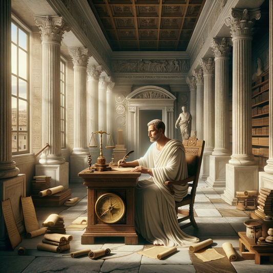 Seneca seated at a wooden desk in a Roman study, surrounded by Stoic symbols like a compass and scales, in a scene inspired by 1960s historical epics.