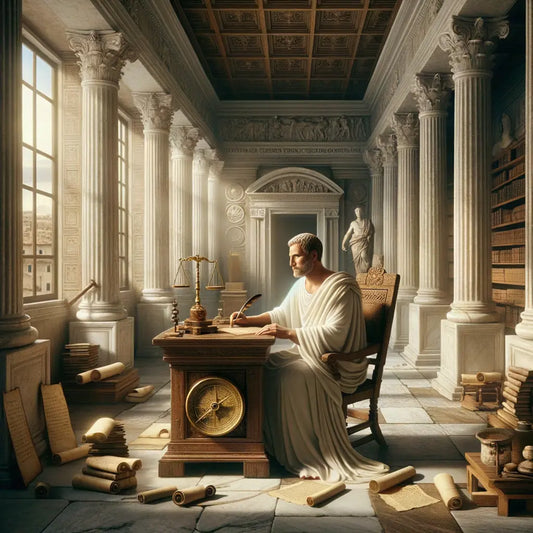 Seneca seated at a wooden desk in a Roman study, surrounded by Stoic symbols like a compass and scales, in a scene inspired by 1960s historical epics.