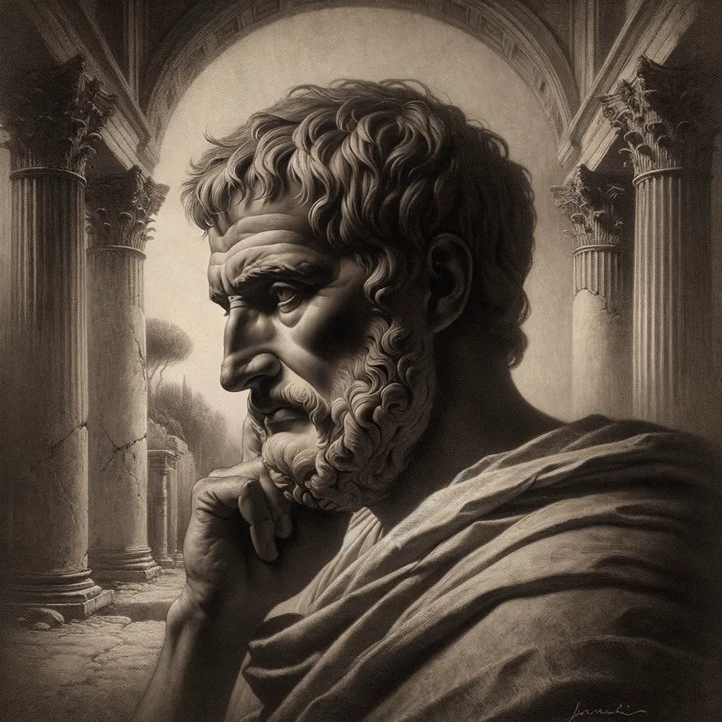Black and white portrait of Roman philosopher Seneca, expressing deep contemplation with subtle Roman architectural hints in the background.