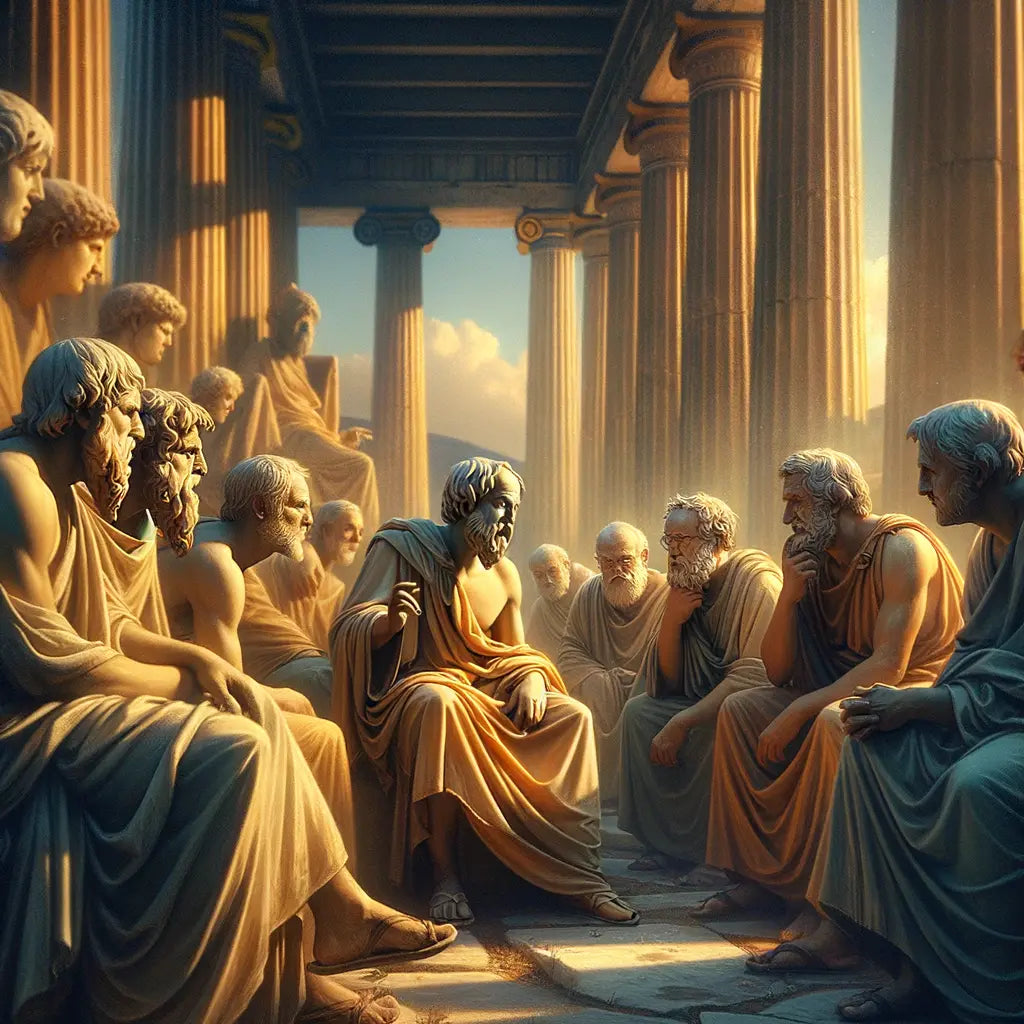 Socrates in philosophical dialogue at the Agora of Athens, surrounded by ancient philosophers, in a style reminiscent of 1960s historical epics.