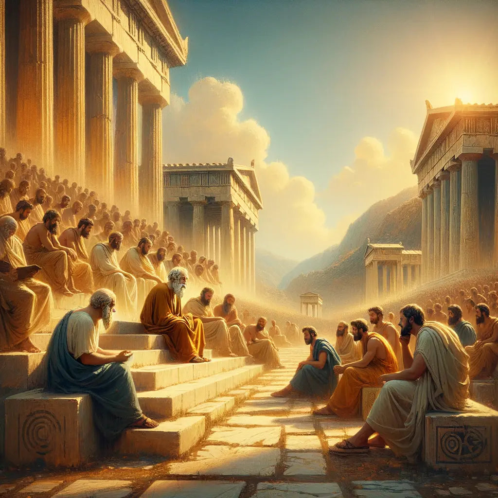 Socrates and Epictetus engaging in a thoughtful discussion in an ancient Greek setting, reflective of 1960s historical epic films.