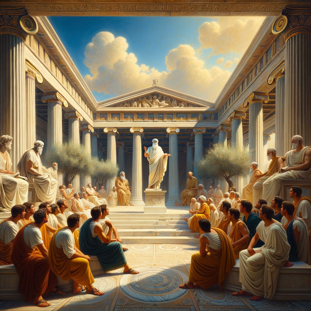 Socrates in ancient Greece, engaging in dialogue under marble columns, surrounded by young men in togas, resembling a 1960s historical epic film scene.