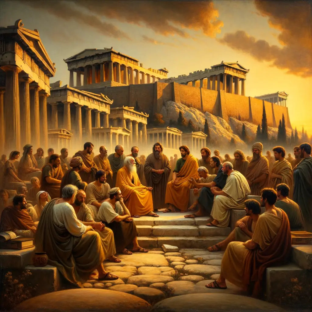Socrates animatedly discussing philosophy with followers in ancient Athens at dusk, set against the backdrop of the Acropolis, in a style reminiscent of 1960s historical films.