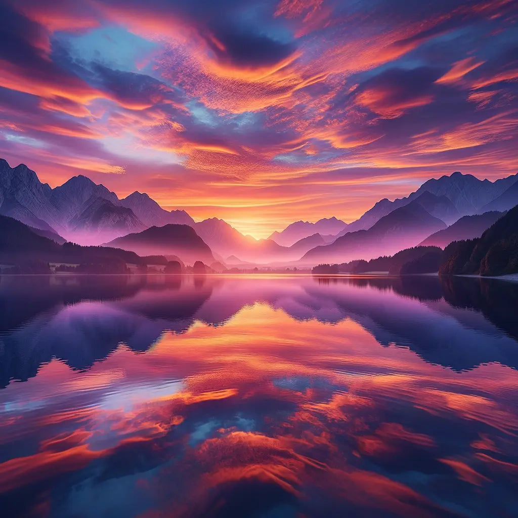 A beautiful sunset over a calm lake with colorful reflections and mountains.